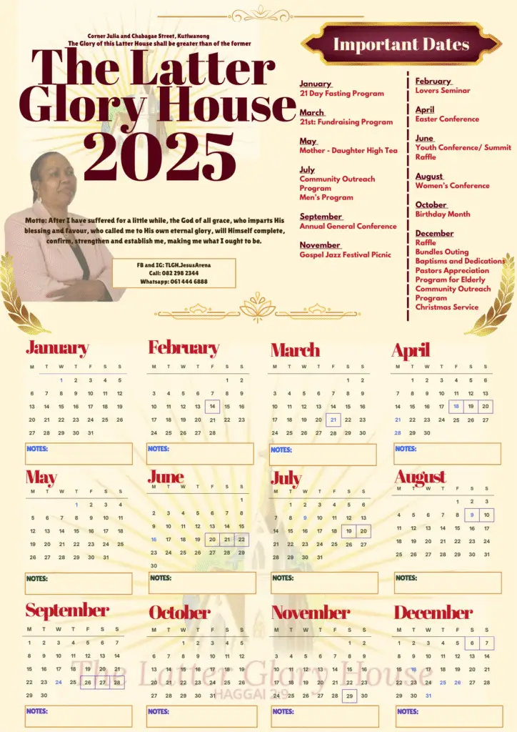 The official church calendar for Latter Glory House in Kimberley, displaying upcoming services, conferences, and events